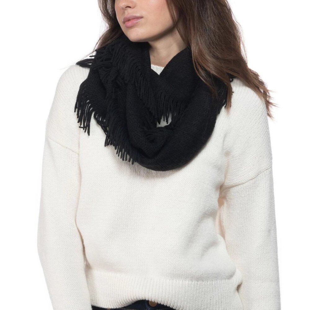 INC Womens Raschel Loop‎ Infinity Fringe Scarf Black Soft Cozy OS